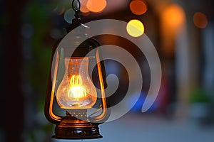 at night A lamp hanging under the tree and blur background