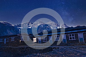 Night landscape of Annapurna circuit base camp, stars over Himalaya mountains, Nepal