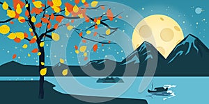 Night landscape with autumn tree, falling leaves, mountains, lake, moon, stars, cartoon style, vector, illustration