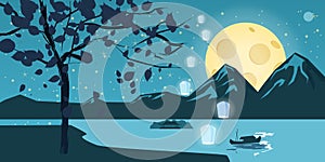 Night landscape with autumn tree, falling leaves, mountains, lake, moon, stars, cartoon style, vector, illustration