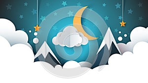 Night landscape - cartoon illustration. Cloud, mountain, moon, star.