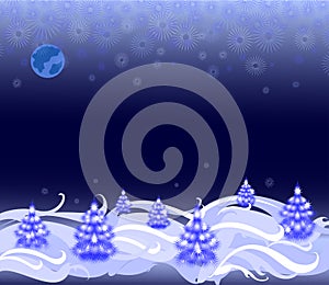 Night landscape with Christmas trees and snowflakes. EPS10 illustration