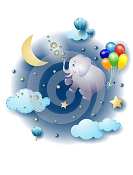 Night landscape with clouds and flying elephant with balloons. Fantasy illustration
