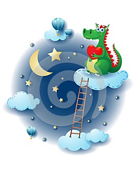 Night landscape with clouds, ladder and dragon with heart.