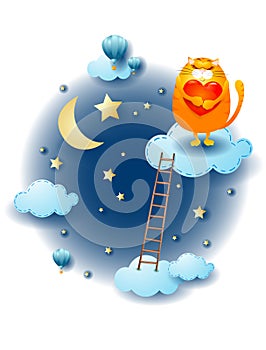 Night landscape with clouds, ladder and kitten with heart. Fantasy illustration