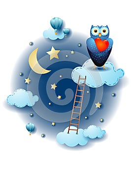 Night landscape with clouds, ladder and owl with heart. Fantasy illustration