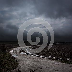 Night Landscape with Country Road and Dark Clouds