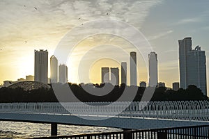 Night landscape of the embankment of the emirate of Sharjah, United Arab Emirates