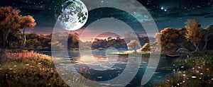 night landscape environment harvest moon over a glittering lake with lush vegetation birchwood trees, flowers, magical galaxy