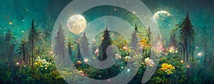 Night landscape environment harvest moon over a glittering lake lush vegetation birchwood trees, flowers, magical galaxy. 3d drawi