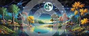 night landscape environment harvest moon over a glittering lake trees, flowers, magical galaxy. 3d drawing digital art