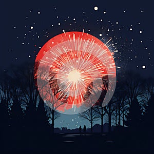 Night landscape. Fireworks over a pond and mountains. Night festive fireworks