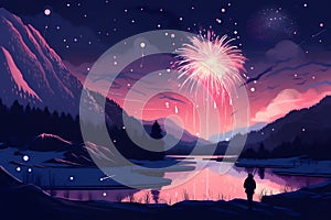 Night landscape. Fireworks over a pond and mountains. Night festive fireworks