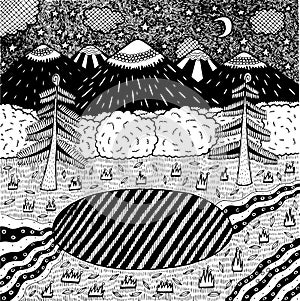 Night landscape with night forest, lake, trees, mountains, river. Hand drawn ink illustration. Coloring page for adults. Vector