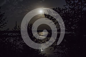 Night landscape and full moon over the lake