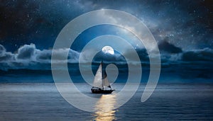 Night Landscape. Full Moon over the ocean, sail boat. AI generated