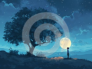Night landscape with a girl on the hill and a big tree. Generative AI
