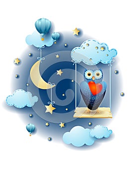 Night landscape with hanging stars, swing and owl in love.