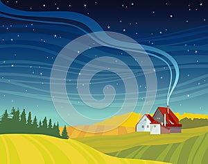 Night landscape - house, meadow, stars, forest.