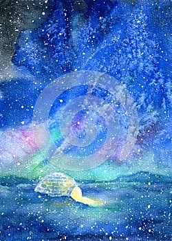 Night landscape of a igloo in winter.Northern lights.Watercolor