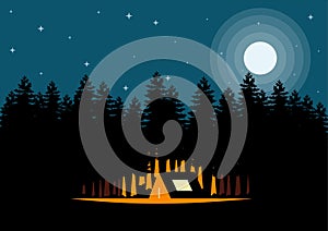 Night landscape illustration in flat style with tent, campfire, mountains, forest and full moon. Background for outdoor,