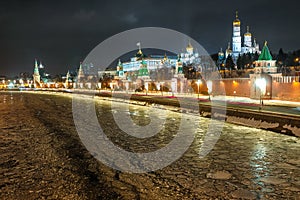Night landscape with the image of frozen Moscow river