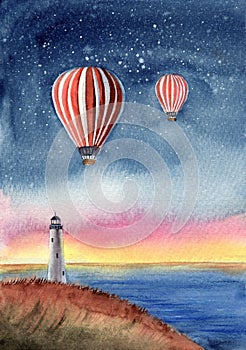 A night landscape with a lighthouse on a grassy island and two white and red hot air balloons