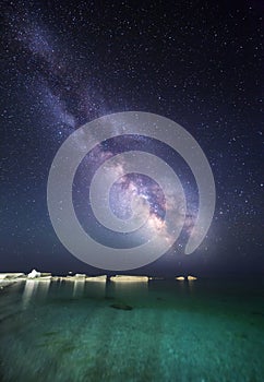 Night landscape with milky way at the sea. Starry sky