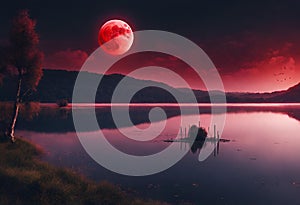 Night landscape with moon & river