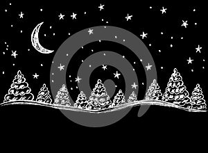 Night landscape with the moon and stars in the sky and Christmas trees on the ground