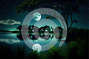 Night landscape with moon and trees in the lake. Illustration.