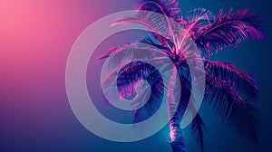 night landscape with neon blue light. Dark neon palm background