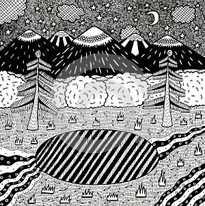 Night landscape with night forest, lake, trees, mountains, river. Hand drawn ink illustration. Coloring page for adults. Raster