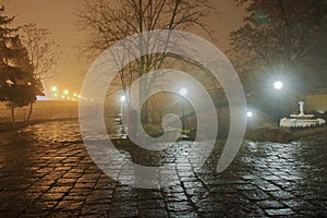 Night landscape of the old historical district of Odessa city in the fog