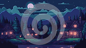 Night landscape with old wooden house in the forest. Vector illustration pixelart