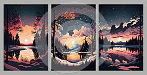 Night landscape paint digital art. trees, lake, moon and mountains