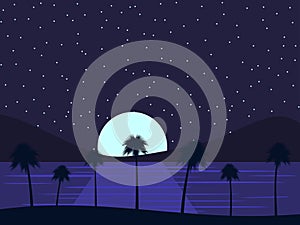 Night landscape with palm trees and the sea, moonlight on the water and the starry sky. Tropical paradise. Vector