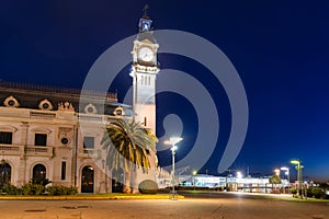 Night landscape of the Port of Valencia with the clock tower, Spain