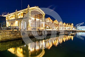 Night landscape of the Port of Valencia with the harbour, Spain