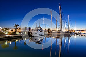 Night landscape of the Port of Valencia with the yacht harbor, Spain