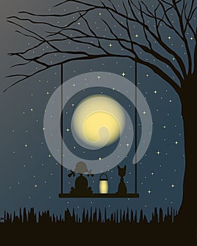 Night landscape, silhouettes of a girl with a lantern and a cat looking at the starry sky and the moon