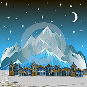 Night landscape with snow-capped mountains