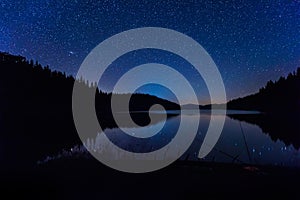 Night landscape with starry sky above a mountain lake