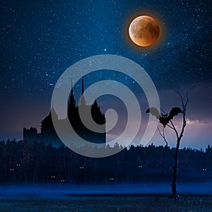 Night landscape with stars and bloody moon