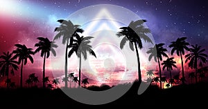 Night landscape with stars, sunset, stars. Silhouette coconut palm trees