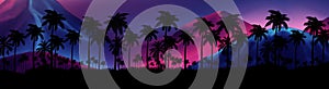 Night landscape with stars, sunset, stars. Silhouette coconut palm trees