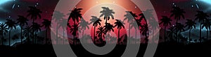 Night landscape with stars, sunset, stars. Silhouette coconut palm trees