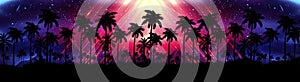 Night landscape with stars, sunset, stars. Silhouette coconut palm trees