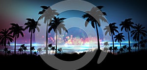 Night landscape with stars, sunset, stars. Silhouette coconut palm trees