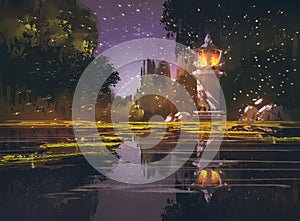 Night landscape with stone lantern